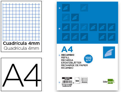 Recambio Liderpapel A4 100h 100g/m² c/4mm. con margen 4 taladros